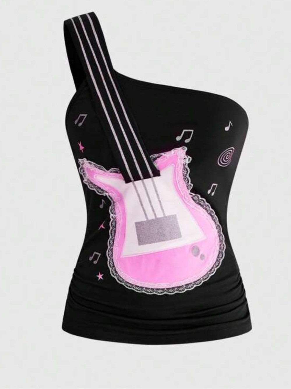 Women’s One-Shoulder Guitar Graphic Tank Top - Black/Pink
